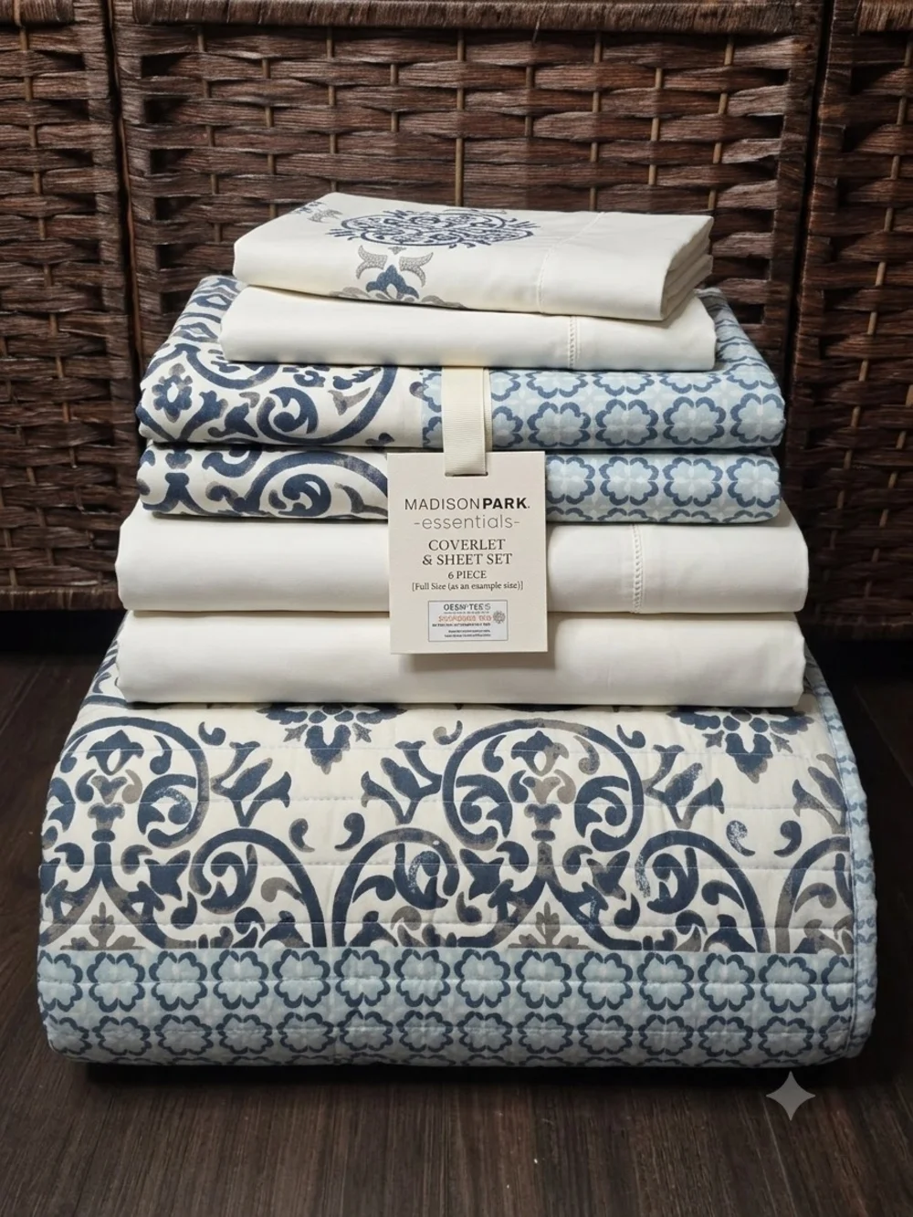 Madison Park Cream and Blue Decorative Coverlet & Sheet Set